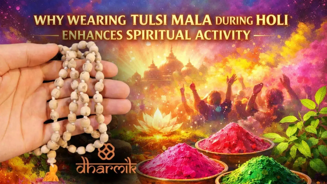 Why wearing Tulsi Mala during Holi enhances spiritual activity, featuring a hand holding Tulsi beads with vibrant Holi colors, devotees celebrating, temple background, and sacred Tulsi leaves.