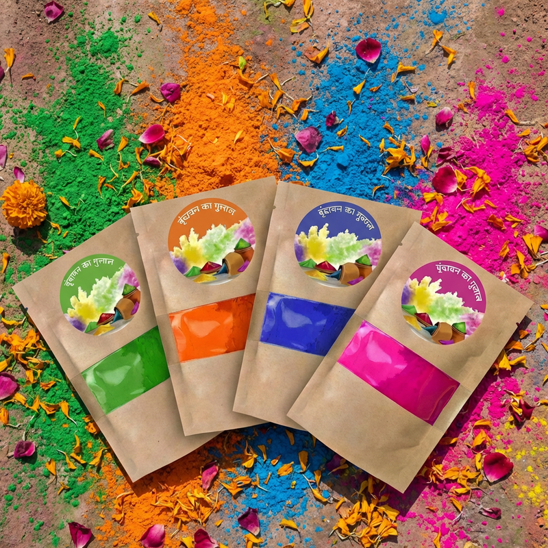 Gulaal packets spread — 4 natural herbal Holi colours Vrindavan
