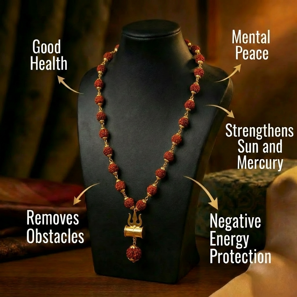 Authentic Rudraksha Mala with Brass Damru & Trishul Pendant – Blessed in Kashi Dharmik