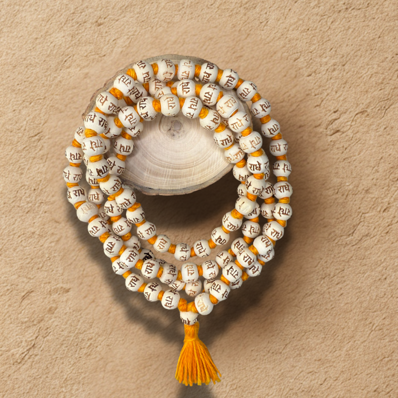 Original Radha Naam Inscription Tulsi Japa Mala – 108+1 Beads, 10 mm, Sacred Chanting