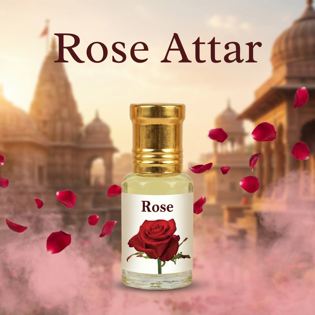 Vrindavan Pushp Attar bottles close-up — 3 natural fragrance spiritual perfume