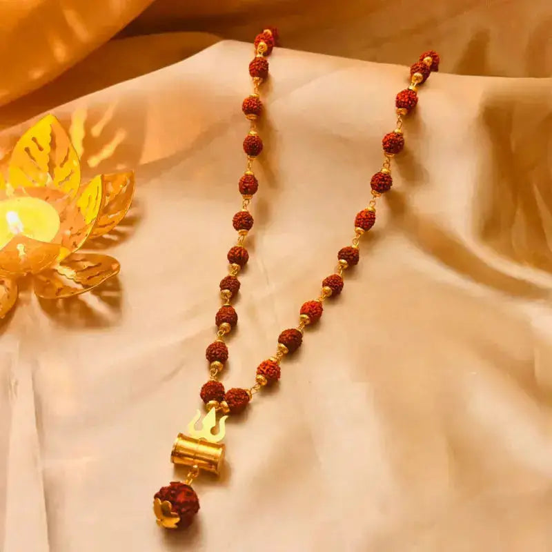Authentic Rudraksha Mala with Brass Damru & Trishul Pendant – Spiritual Necklace for Meditation & Positivity
