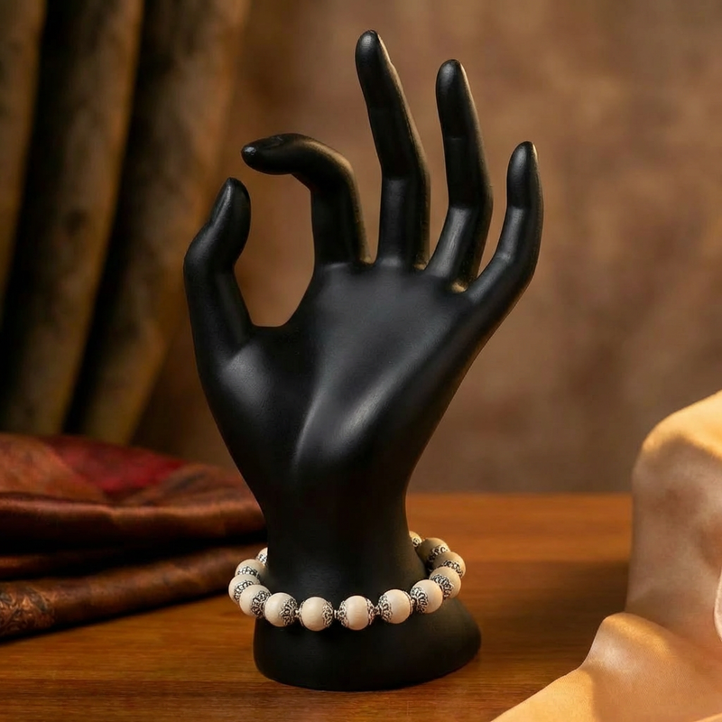 Silver Plated Tulsi Bracelet worn on wrist — 17 beads 10mm Vrindavan blessed