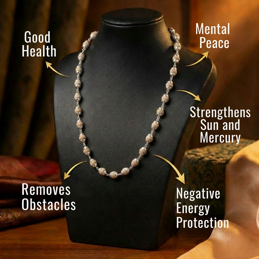 Silver Plated Tulsi Mala worn as necklace — 54 bead 10mm silver finish daily wear