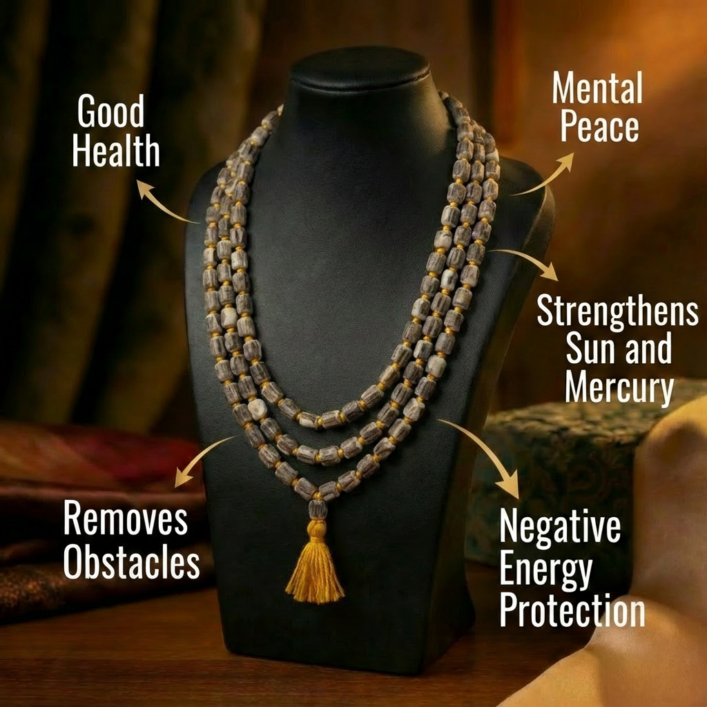 Tulsi Japa Mala 108 beads held in hands — Vrinda Sakhi Vrindavan meditation mala