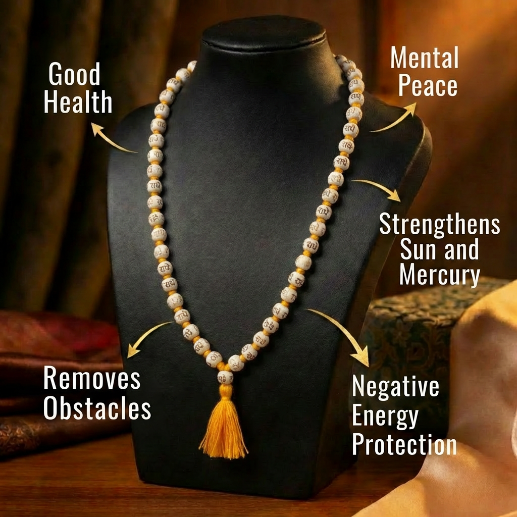 Tulsi Mala Radha inscription bead closeup — individual bead Radha naam engraving