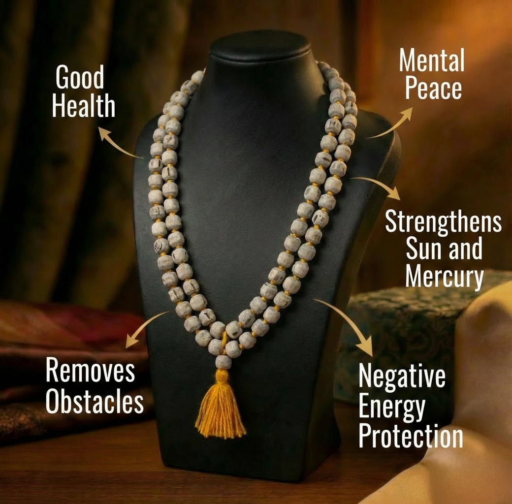 Tulsi Kanthi Mala 8mm double round on neck — Vrinda Sakhi worn necklace view