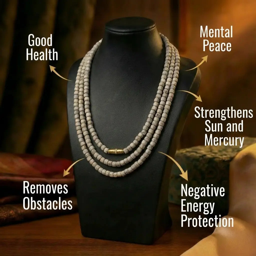 Tulsi Kanthi Mala 8mm double round on neck — Vrinda Sakhi worn necklace view