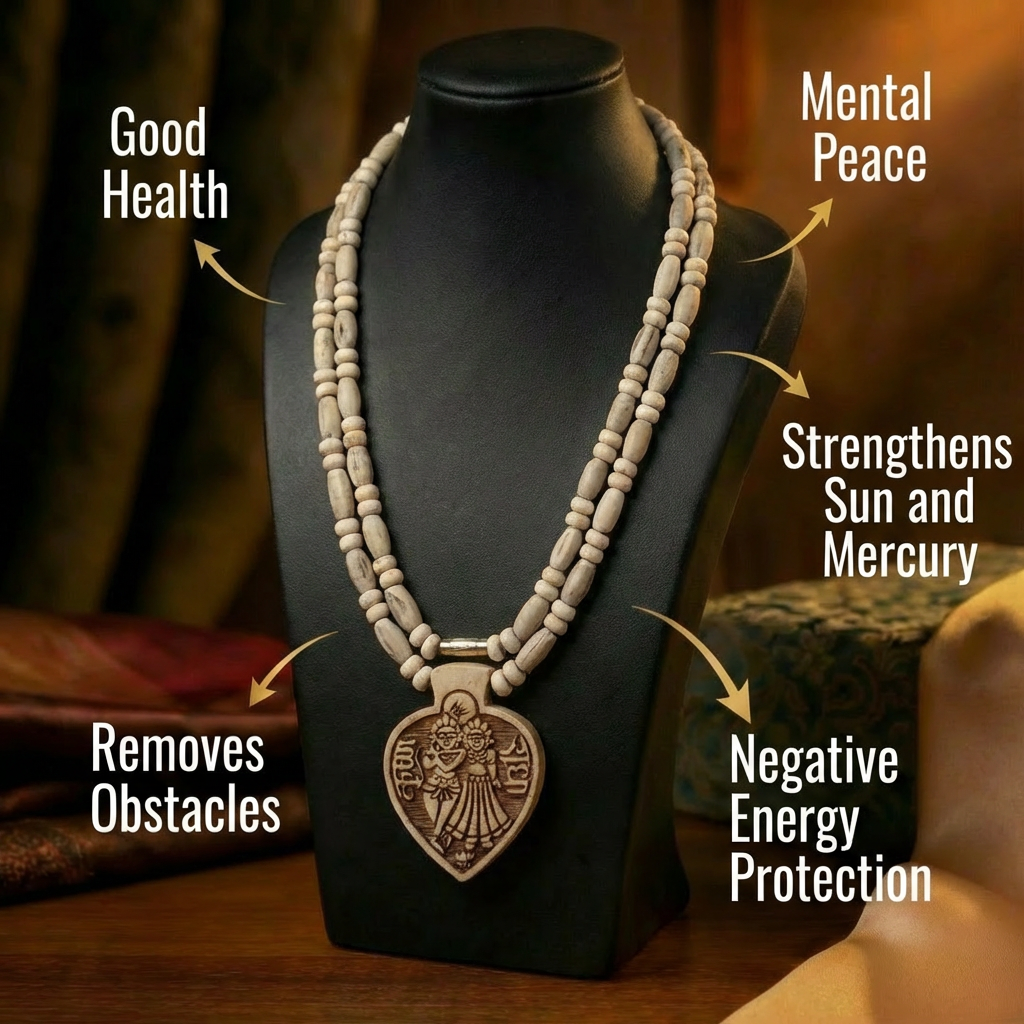 Tulsi Mala Radha Krishna pendant close-up — heart shaped pendant detail Vrindavan