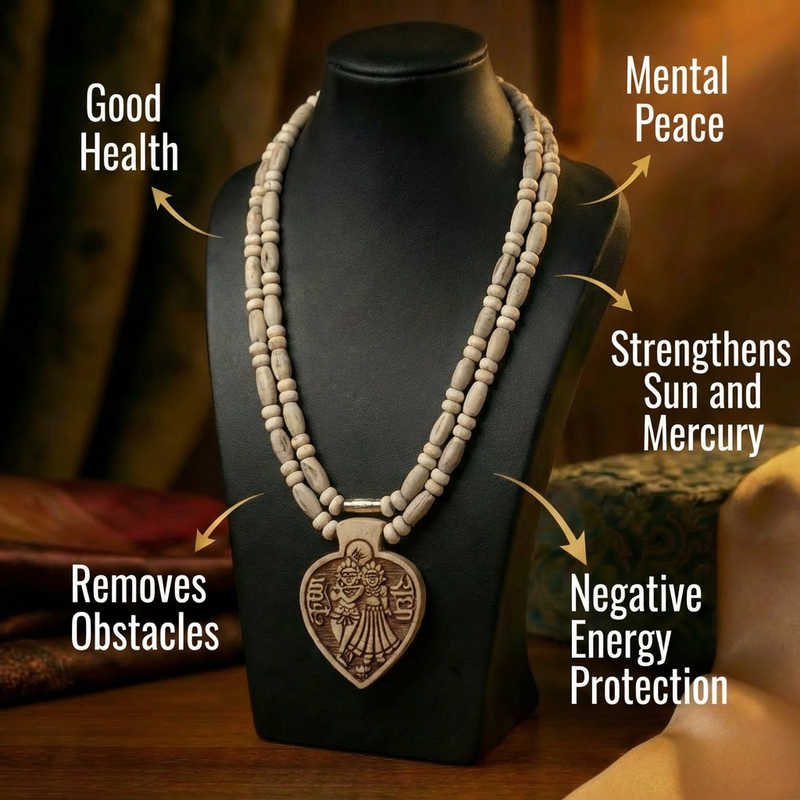 Tulsi Mala Radha Krishna pendant close-up — heart shaped pendant detail Vrindavan