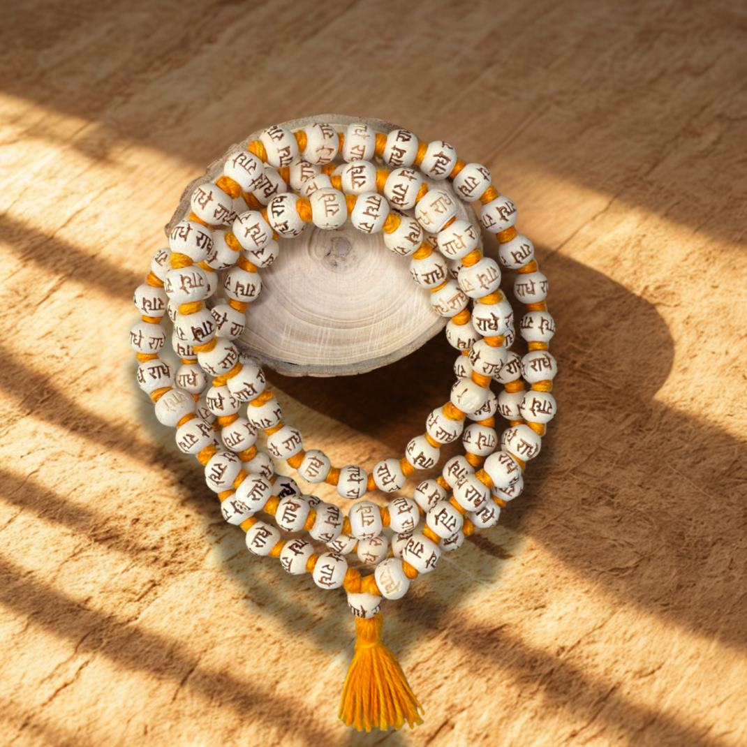 Radha Tulsi Japa Mala – Sacred Beads with Radha Naam Inscription Dharmik
