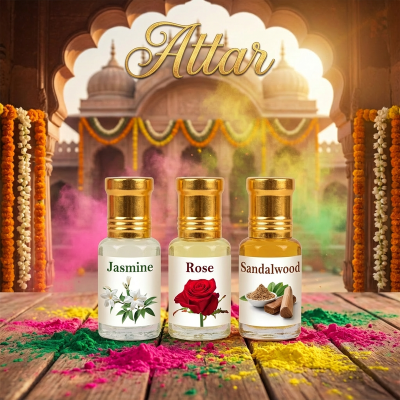 Vrindavan Pushp Attar bottles close-up — 3 natural fragrance spiritual perfume