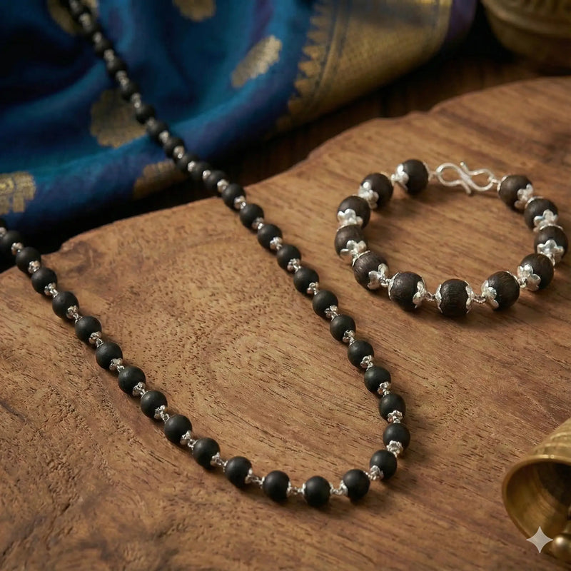 Premium Karungali Combo – Silver-Plated Mala & Bracelet Dharmik