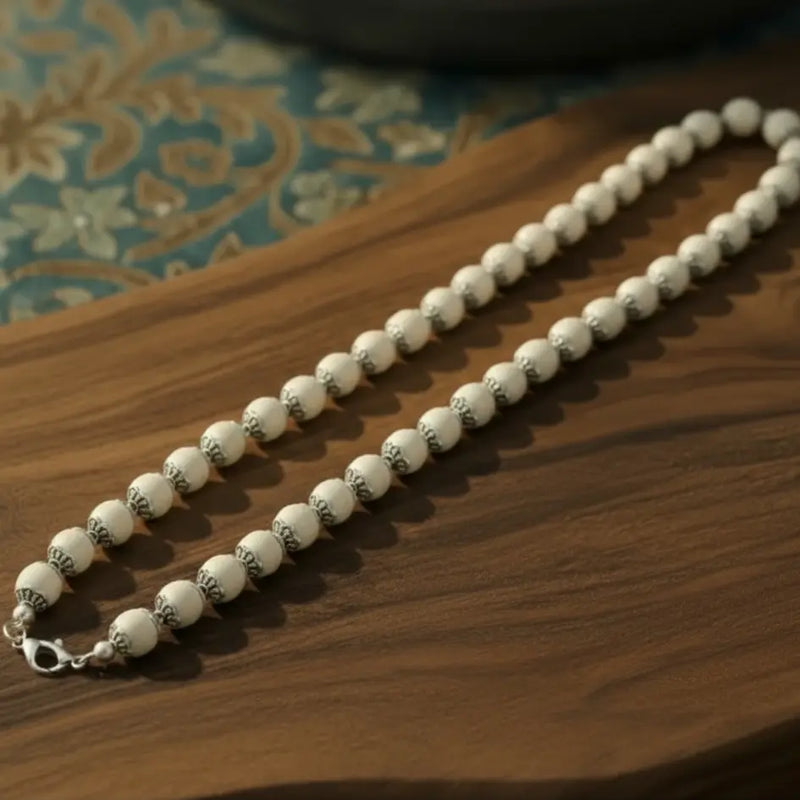 Silver‑Plated Tulsi Mala – Necklace for Peace & Protection Blessed in Vrindavan Dharmik