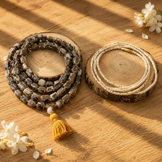 Original Tulsi Combo featuring a 108-bead Tulsi Japa Mala with tassel and a bead Tulsi Kanthi Mala displayed on wooden slices