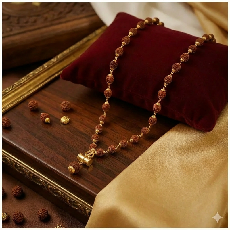 Authentic Rudraksha Mala with Brass Damru & Trishul Pendant – Blessed in Kashi Dharmik