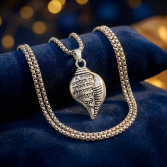 Silver Plated Chain with Krishna Mantra Shankh Pendant Dharmik