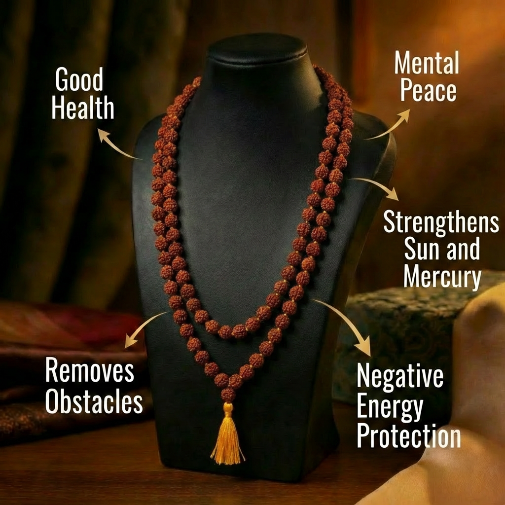 5 Mukhi Original Rudraksha Mala – 108 Beads + 1 Guru Bead, Blessed in Kashi Dharmik
