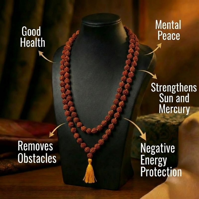 5 Mukhi Original Rudraksha Mala – 108 Beads + 1 Guru Bead, Blessed in Kashi Dharmik