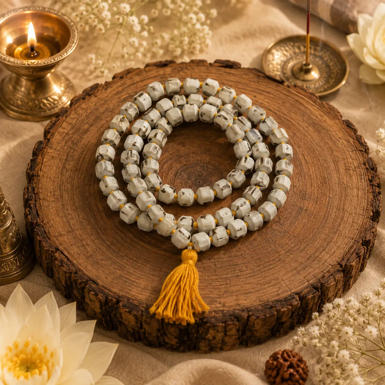 Original Japa Mala 10mm beads placed on a circular wooden plate