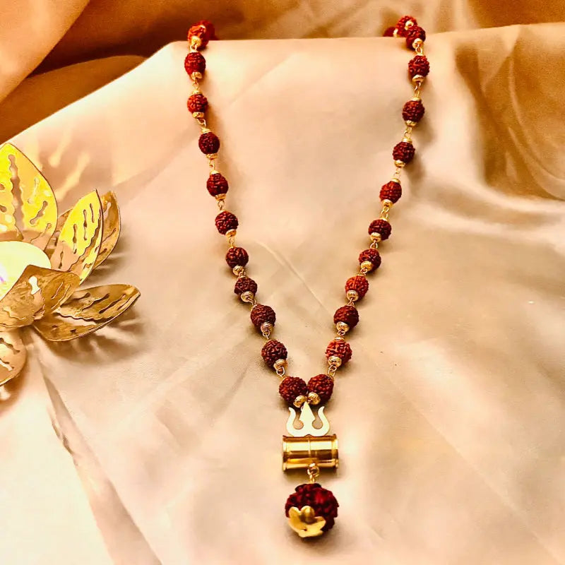 Authentic Rudraksha Mala with Brass Damru & Trishul Pendant – Spiritual Necklace for Meditation & Positivity