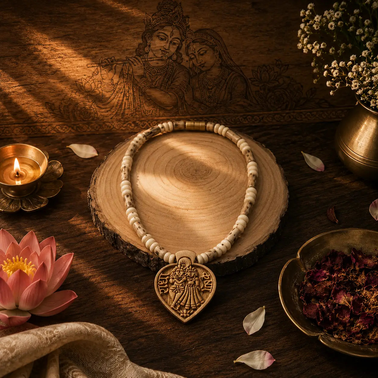 Authentic Vrindavan Tulsi wood necklace with a divine Radha Krishna pendant on a wood plate