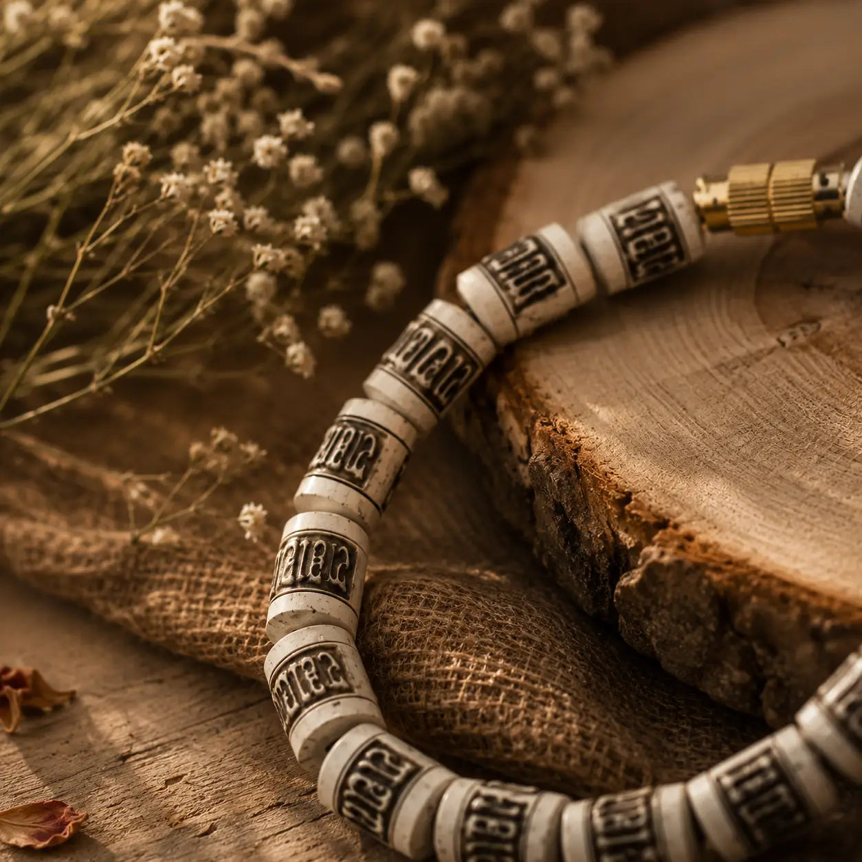Zoom Image of Radha Naam ulsi Knathi Mala Placed on a wooden slice