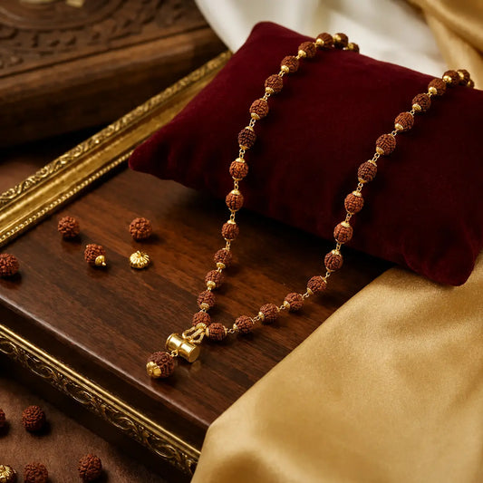  5 Mukhi Nepali Rudraksha Mala with  brass Damru and Trishul pendant placed on a wooden plate