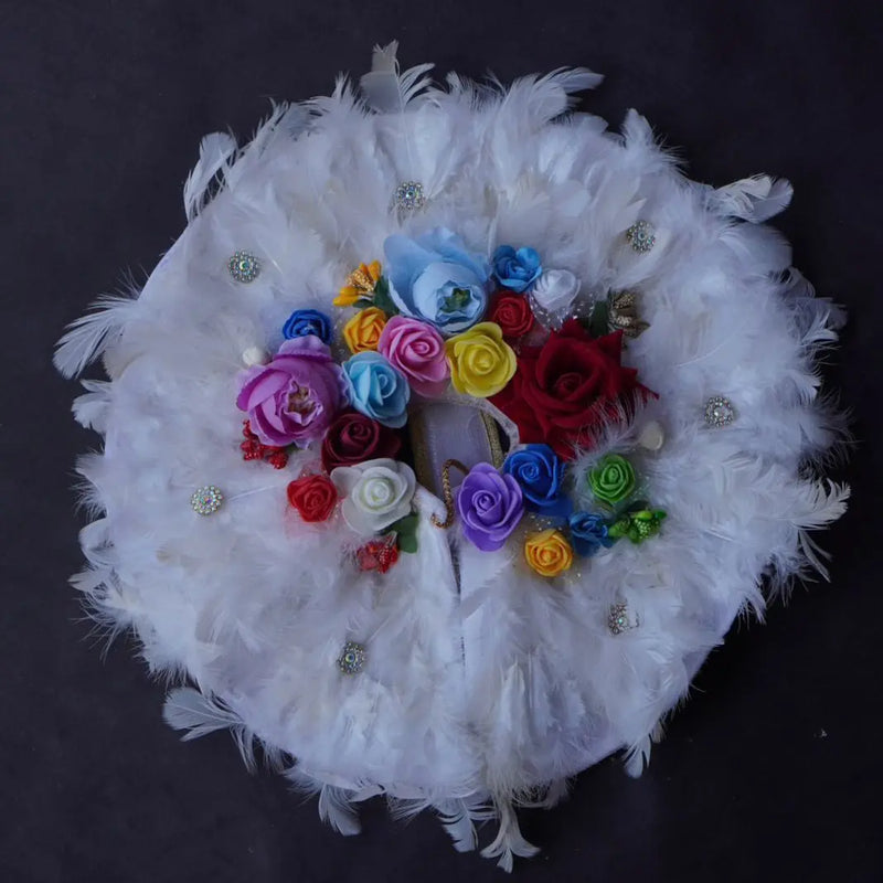 Laddu Gopal Poshak with Pagdi | Sharad Purnima Dress (White, Peacock Feather Design) Dharmik