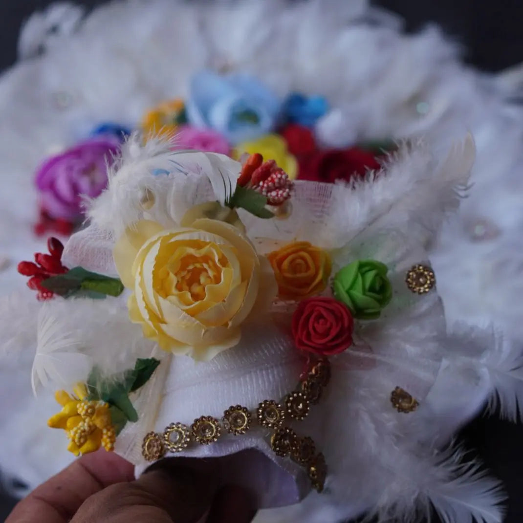 Laddu Gopal Poshak with Pagdi | Sharad Purnima Dress (White, Peacock Feather Design)