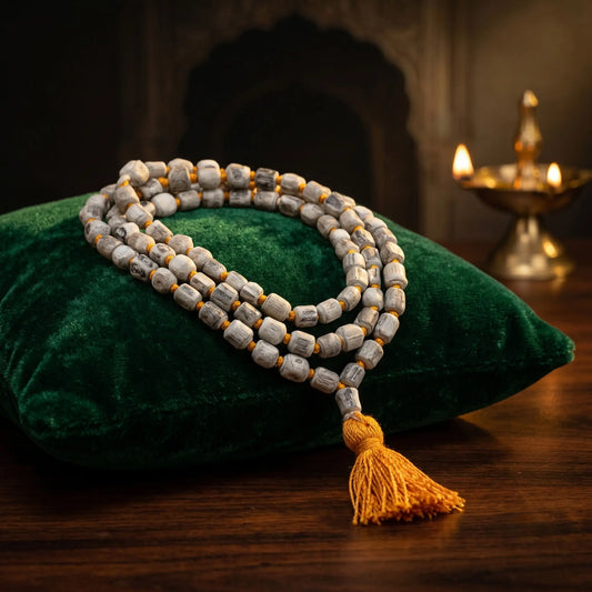 Tulsi Japa Mala with 108 Original Big Beads placed on a green pillow
