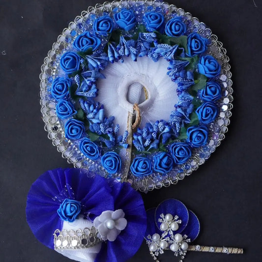 Laddu Gopal Poshak with Murli + Pagdi | White with Blue Flower Sharad Purnima Dress Dharmik