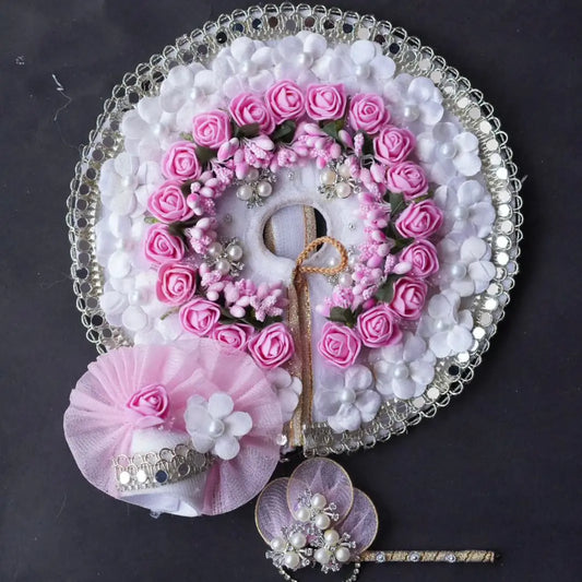 Laddu Gopal Poshak with Murli + Pagdi | White with Pink Flower Sharad Purnima Dress Dharmik