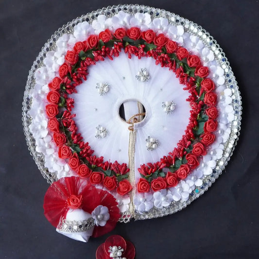 Laddu Gopal Poshak with Murli Pagdi | White with Red Flower Sharad Purnima Dress Dharmik